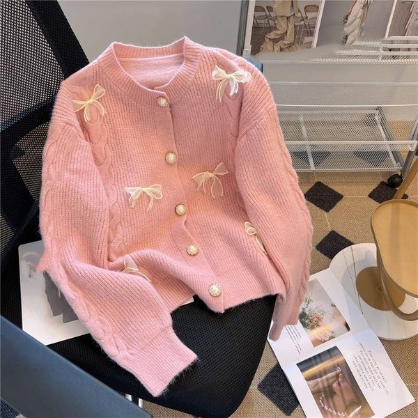 Women's Clothing Sweet Style Bow Knitted Jacket For Women In Early Autumn, High Grade Soft Waxy Sweater, Chic Korean Style Pearl Button Cardigan-image