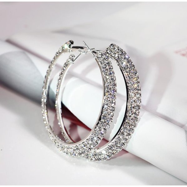 Women Jewelry 18K Gold/Platinum Plated 6.5CM/7CM Hoop Earring Elegant Tow-Rows Bling Austrian Crystal Fashion Costume Trendy Big Earring Jewelry-image