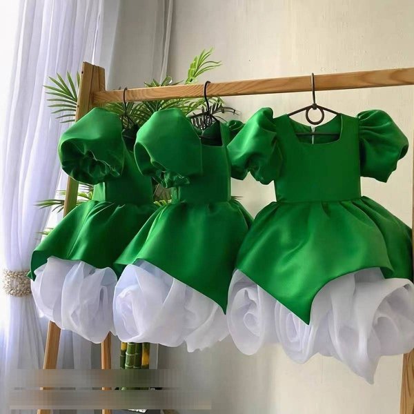 Elegant Princess Dress For Girls - Bubble Sleeve Bow-Tie Party Gown With Lace & Tulle (Green/Red/Black, 80-150Cm)-image