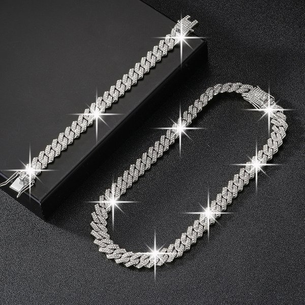 Trendy And Fashionable Cuban Chain Set Alloy Full Diamond 14Mm Strip Hip-Hop Necklace-image