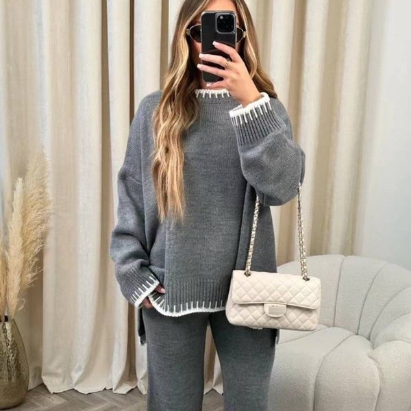 Women's Casual Two-Piece Set - Solid Color Long Sleeve Top & Relaxed Pants, Comfortable Polyester Blend, Autumn Winter Fashion-image