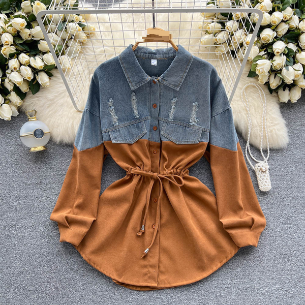 Women's Clothing Style Long Sleeved Dress Summer Women's Clothing High Grade Denim Splicing Contrast Color Waist Temperament Shirt Short Skirt-image