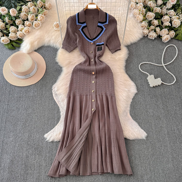 Women's Clothing Autumn And Winter Celebrity Short Sleeved Contrasting Color Embroidery Suit Collar Waist Slim Single Breasted A Line Knitted Dress