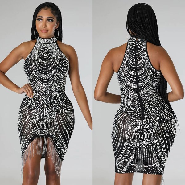 Women's Solid Color Hot Diamond Sleeveless Halter Neck Short Skirt Dress For Women-image