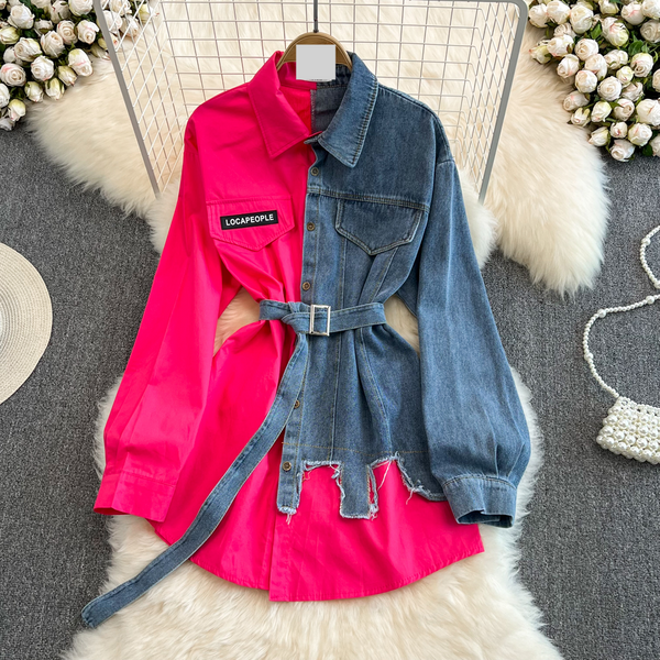 Women's Clothing Retro Style Waist-Cinched Color-Blocked Denim Shirt With Belt For Women Spring New Chic Casual Mid-Length Top-image