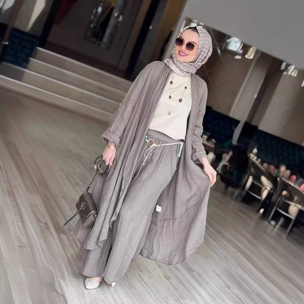 Women's Muslim Cotton And Linen Comfortable And Fashionable Loose Long Cardigan Casual Wide-Leg Pants Two-Piece Set-image