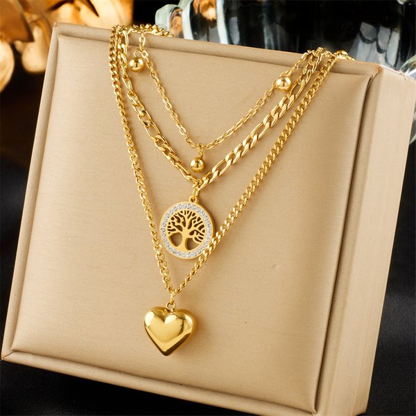 Fashionable Niche Simple Retro Titanium Steel Metal Multi-Layer Chain Love Round Card Tree Of Life Pendant Necklace-image