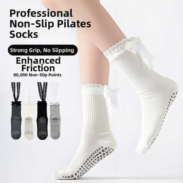 Women's Lace Up Yoga Socks Non Slip Mid Calf Fitness Floor Pilates Socks Adult