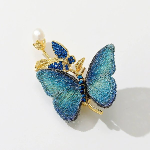 Ancient style blue embroidered butterfly brooch fabric niche high end brooch pressure pin accessories