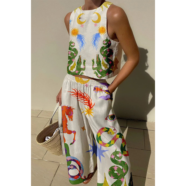 Women's Clothing Vest And Trousers Two Piece Set Fashion Casual Cotton And Linen Printed Set-image