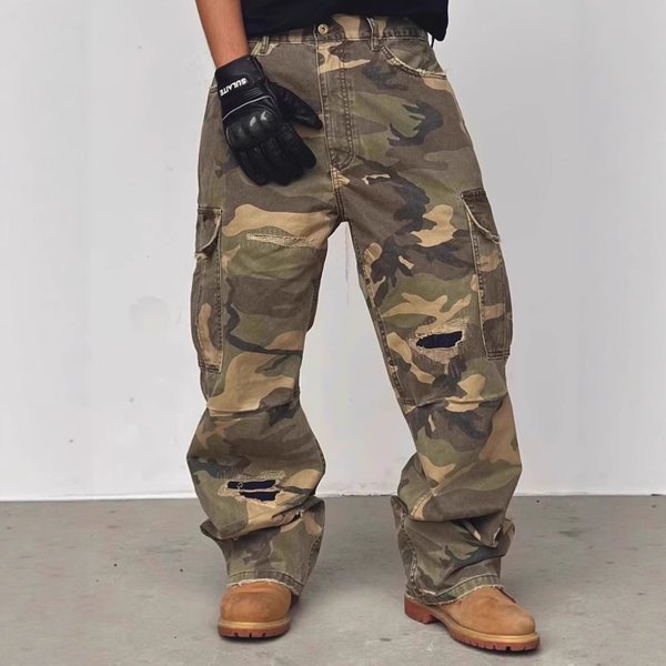 Men's Streetwear Camo Cargo Jeans – Distressed Washed Denim Pants With Patch Pockets (S-3Xl) Functional Edge-image