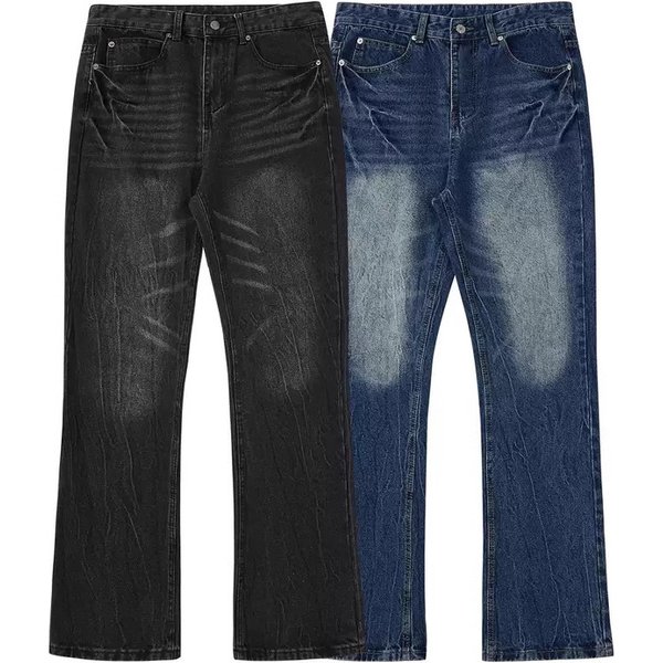 RDT Men's Clothing|American Style Vibe Lightning Burst Pattern Blue Jeans For Men Trendy Slightly Flared Cleanfit Pants-image