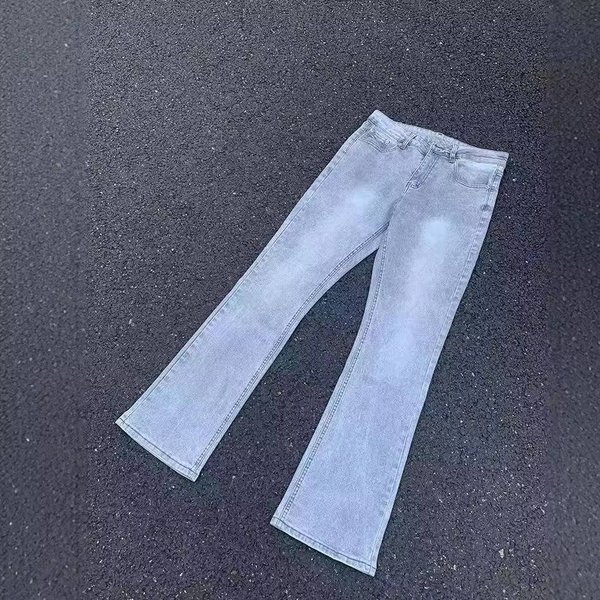 Cement Gray Stretch Flared Jeans – Cleanfit High Street Washed Distressed Denim For Men & Women – Vintage-Inspired Straight Leg