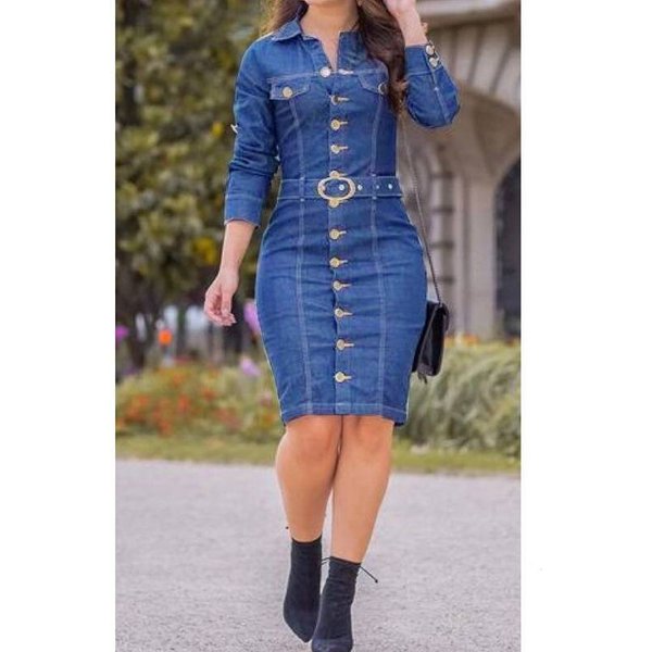 Women's Clothing Style Sexy Fashion Multi Button Decoration Lapel Single Breasted Long Slim Long Sleeved Denim Goddess Dress-image