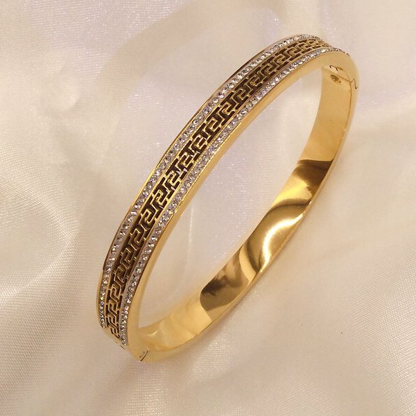 Titanium Steel Great Wall Pattern Wide Version Narrow Version Hollow Diamond Bracelet Buckle Open Individual Hand Jewelry-image