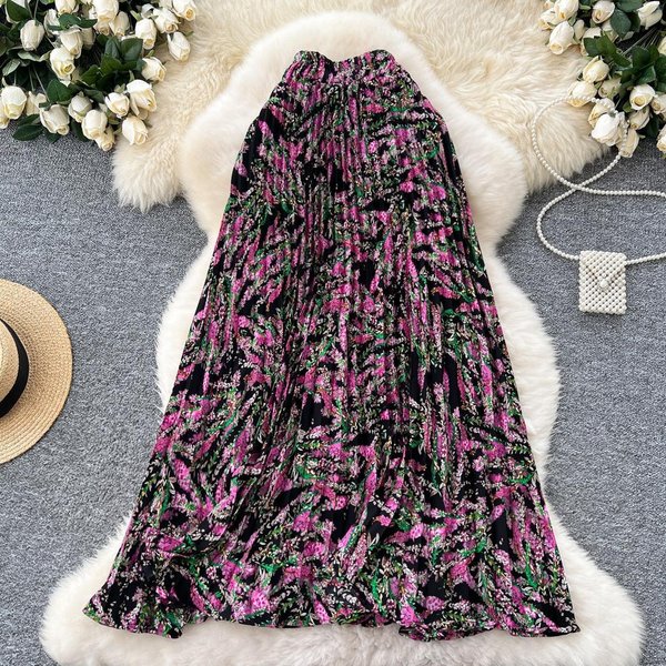 Chiffon Floral Print Midi Skirt For Women 2025 New Style Wide Swing A-Line Pleated Cross Border Flowy Skirt-image