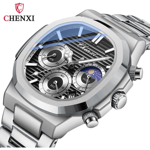 2023 New Hot Selling Watch Dawn Multi Functional True Three Eyes Six Needle Men's Watch Calendar Lunar Phase Timing Octagonal Quartz Watch-image
