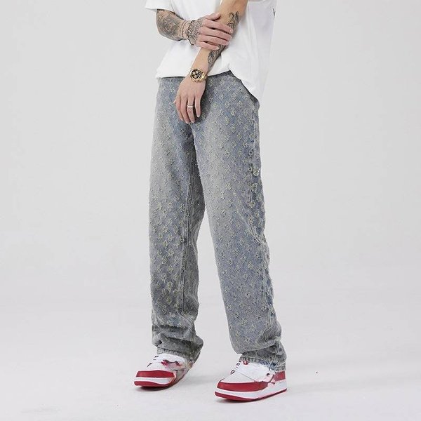 Men's Clothing Hiphop Pants High Street Ins Trendy Brand Jacquard Full Print Design Jeans Men's Loose Wide Leg Pants Trend-image