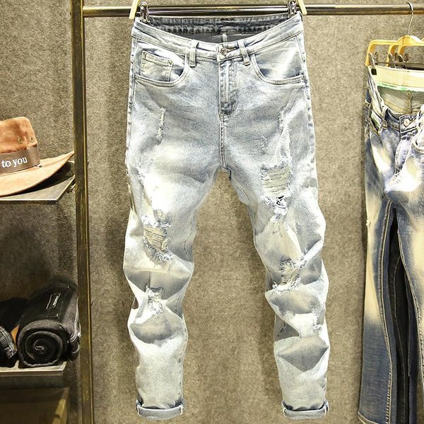 Men's Clothing Thin Distressed Slim Jeans For Men Summer Personality Small Feet Casual Beggar Pants