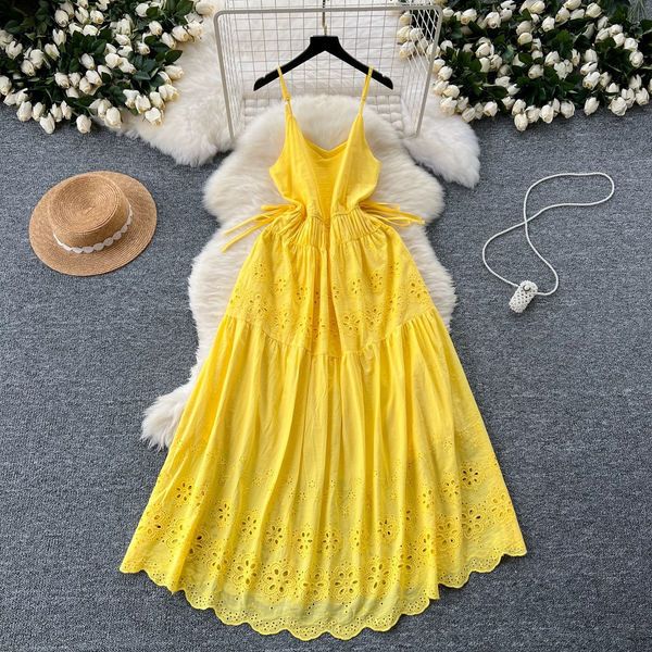 Women's Clothing Suspender Dress Summer Dress Sweet Strap Waist Design Hollow Embroidery Age Reducing Temperament Holiday Dress For Women-image