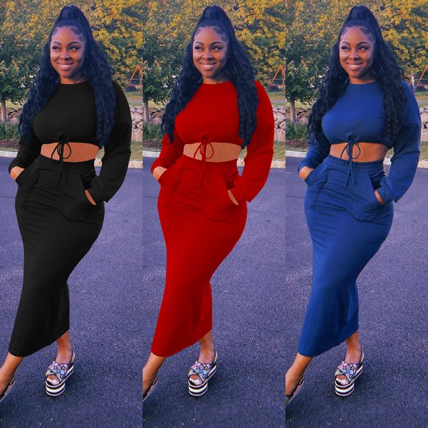 Women's Clothing Supply Fashion Casual Autumn And Winter New Solid Color Long Skirt Two-Piece Set-image