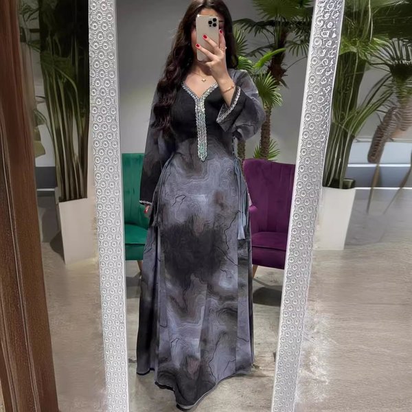 Women's Clothing Fashion Print Slim V Neck Elegant Long High Waist Dress-image