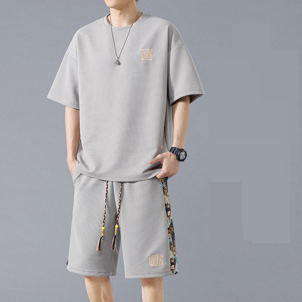 Men's Clothing Summer Sports Suits Large Size Men's Summer Style All Match Waffle Short Sleeved Shorts Two Piece Suit