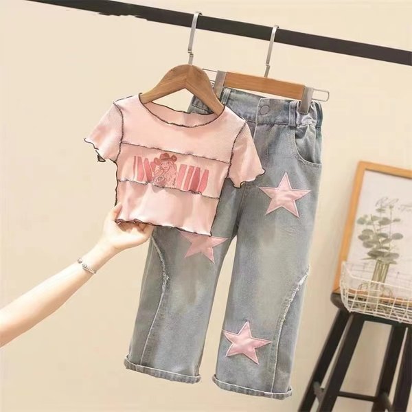Kids Clothing Girls' Patchwork Printed Short Sleeved High Waisted Star Jeans Two Piece Set-image