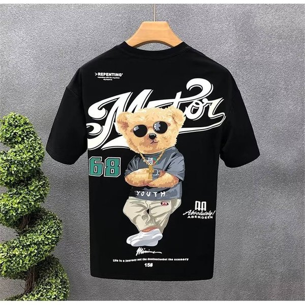 Summer Little Cool Bear Cartoon Short Sleeved T-Shirt Men's High End Trendy Brand Loose Round Neck Fashionable Youth Bottom Half Sleeve Top-image