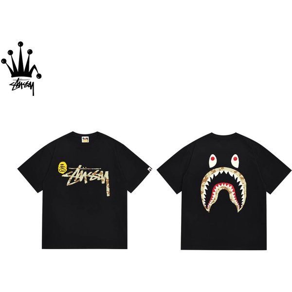 Stussy&Ape Collaboration Front Logo, Back Shark Print, Pure Cotton Short Sleeved T-Shirt, Unisex-image