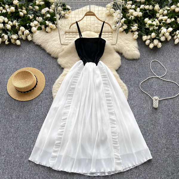 Women's Clothing Retro Contrast Color Tube Top Suspender Dress For Women With Slim Waist And Slim Earrings Stitching Chiffon Holiday Style Long Dress