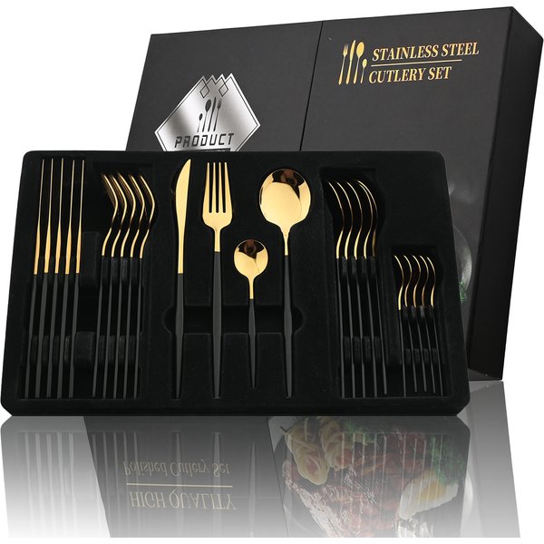 24Pcs Black Handle Golden Cutlery Set Stainless Steel Knife Fork Spoon Tableware Flatware Set Festival Kitchen Dinnerware Gift-image