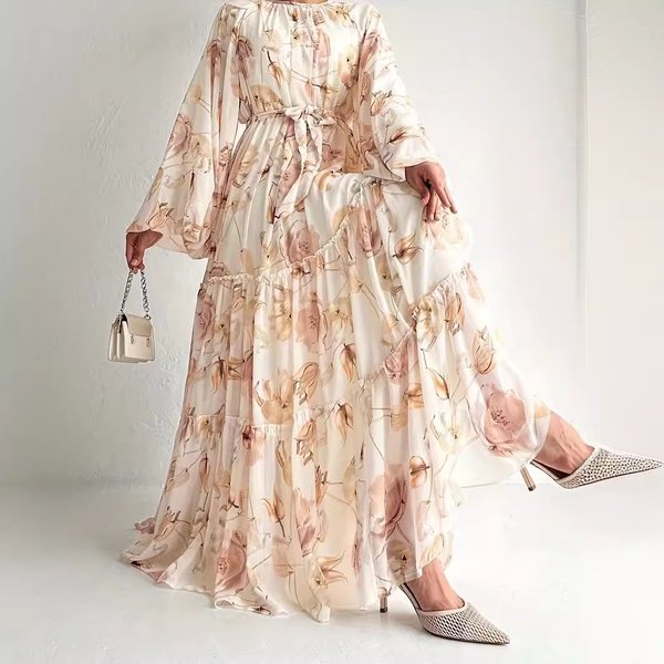 Middle East Cross-Border Muslim Women's Clothing New Chiffon Flower Print Long Fashionable And Elegant Dress-image