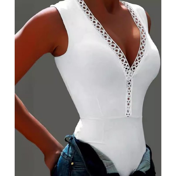 Women's Clothing Hot Style White V Neck Sleeveless Sexy Tight Jumpsuit-image