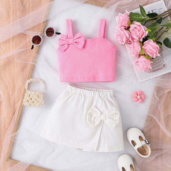 Girls' Summer Outfit Set - Bow Tie Sleeveless Top + White Shorts Skirt, Soft Cotton 2-Piece Set For Toddler & Little Kids (3-8 Years, 100-140Cm), Pink-image