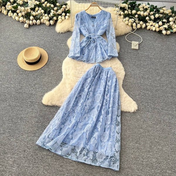 Elegant Two-Piece Set - Embroidered Lace Blouse With Tie Waist & High-Waist Midi Skirt (Green/Blue/Red/Beige, S-Xxl)-image