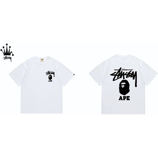 Stussy&Ape Co Branded Logo Letter Ape Pattern Printed Casual Loose Cotton Short Sleeved T-shirt For Men And Women