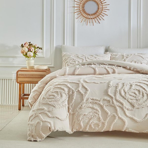 Solid Color Simple Cut Flower Tufted Three Dimensional Flower Bedding Quilt Cover Pillowcase Set-image