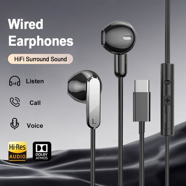 USB-C Wired In-Ear Headphones Hifi Surround Sound Earbuds With Microphone Volume Control For Iphone 17 Pro Samsung Galaxy S25 Laptop-image