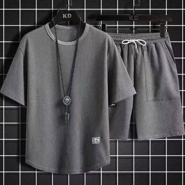 Men's Clothing Waffle Summer Casual Sportswear Loose Suit Trendy Short Sleeved T Shirt Set