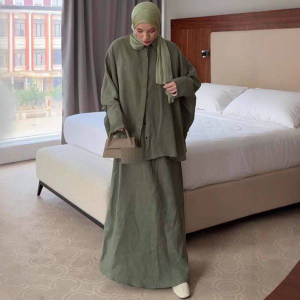 Women's Oversized Lapel Shirt Dress Set – Long Sleeve Button-Down Tunic & Maxi Skirt (XS-XXXL, Poly-Spandex Blend)-image