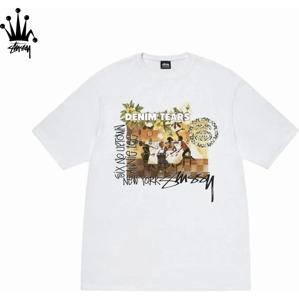 Stussy X Denim Tears Collaboration SS25 Chest Print Pattern Round Neck Short Sleeved T-Shirt For Both Men And Women In White-image
