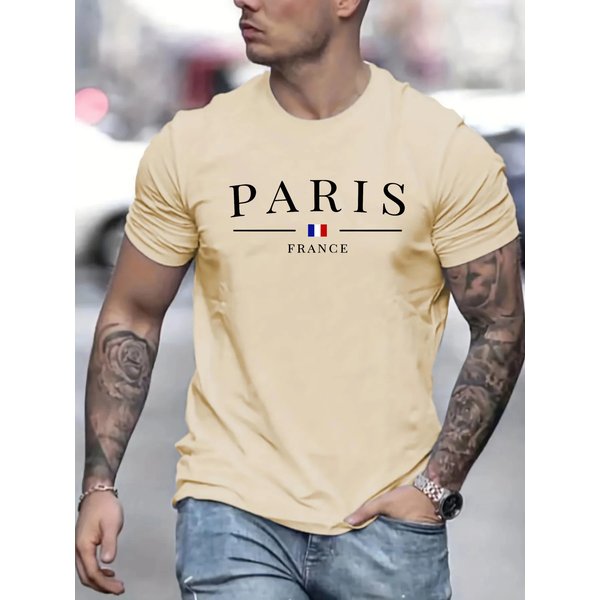 100% Pure Cotton Men's Summer Fashion Short Sleeved Shirt With French Paris Pattern Printed Casual Slim Fit Versatile T-Shirt Top-image