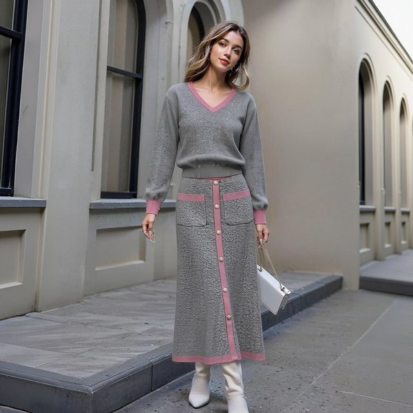 Women's Fashion Color Block V Neck Knit Top With Single Breasted Slim Fit Skirt Spring Autumn Loose Pant Set
