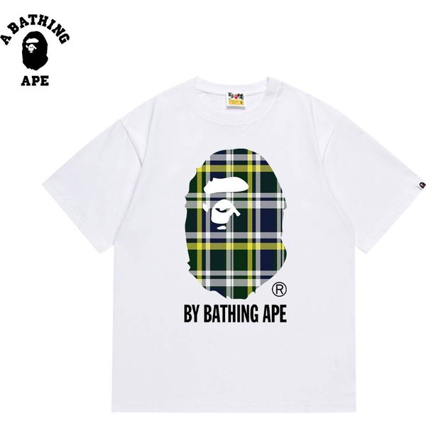 A BATHING APE BAPE-Plaid Monkey Head Letter Print Pure Cotton Short Sleeved Shirt