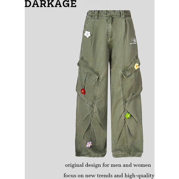 Men's Clothing Retro Petal Embroidery Creative Letter Washed Workwear Jeans Men And Women Loose Lazy Wide Leg Pants Trend-image