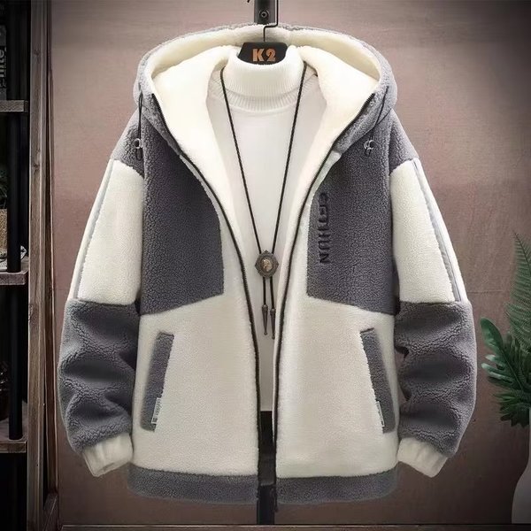 Autumn and winter men's sherpa hooded jacket loose trendy brand granular velvet cotton coat thickened contrasting color simple jacket for men