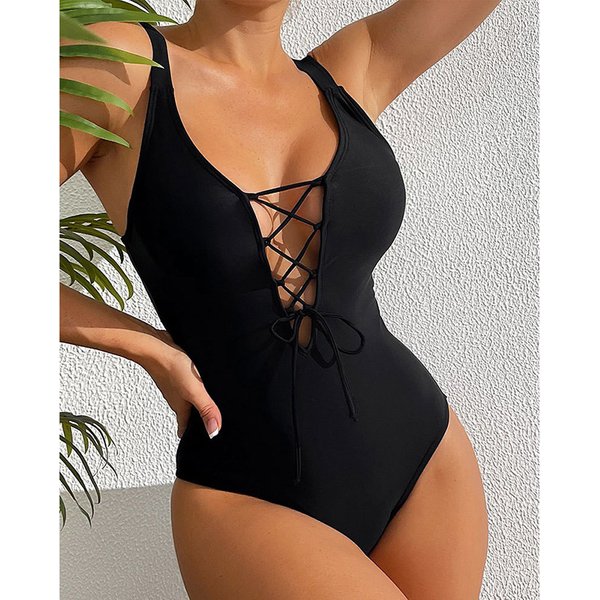 Women’S Clothing New Conservative One Piece Swimsuit Women's Solid Color Drawstring Hollow Tight Beach Swimsuit-image