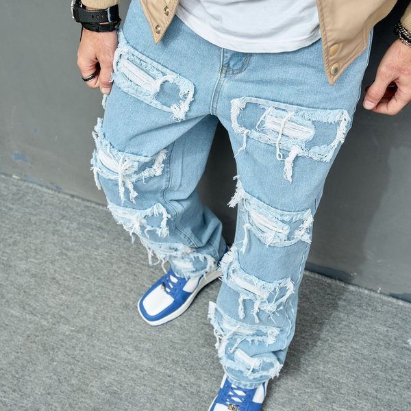 2025 New Jeans With Worn Knees, Elastic, Casual And Slim Fit, Trendy Men's Small Leg Pants-image