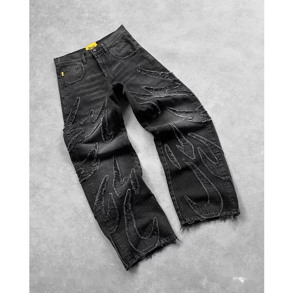 Y2K Retro Black Baggy Jeans For Men Hip Hop Punk Raw Edge Embroidery Vintage Pattern Patchwork High Waisted Denim Pants-image